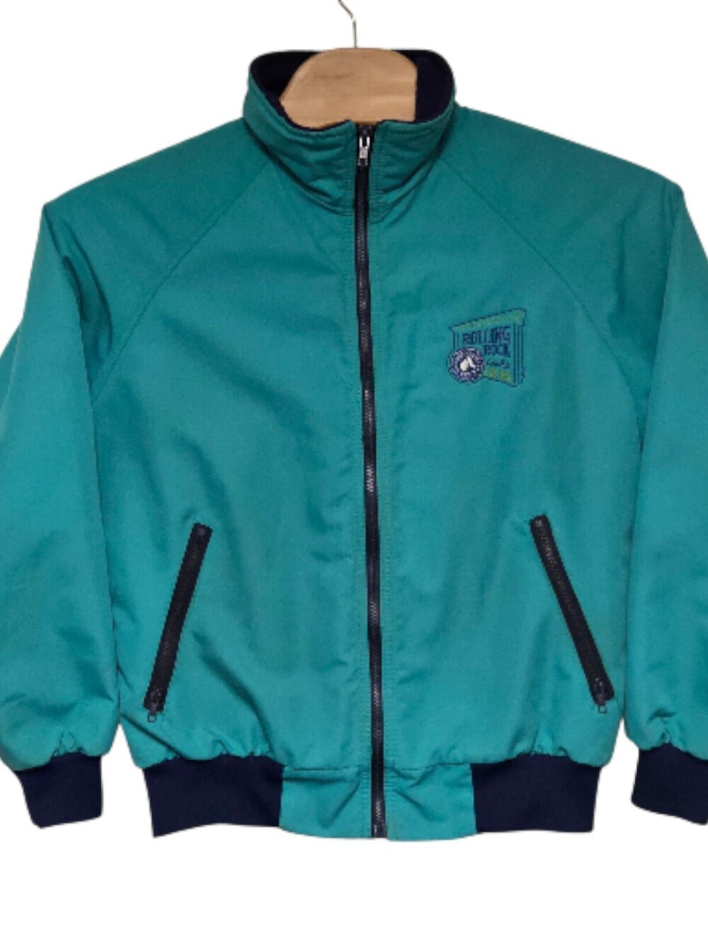 Vintage Rolling Rock Extra Pale Jacket Mens Large Polar Fleece Teal Blue RARE